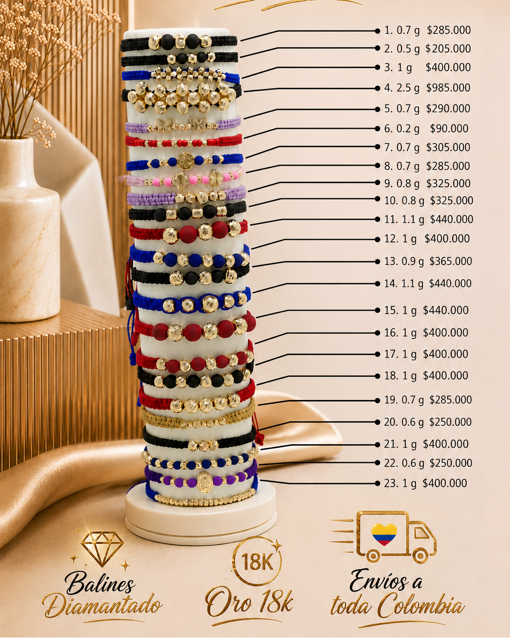 Pulseras con Balines Diamantados en Oro 18K